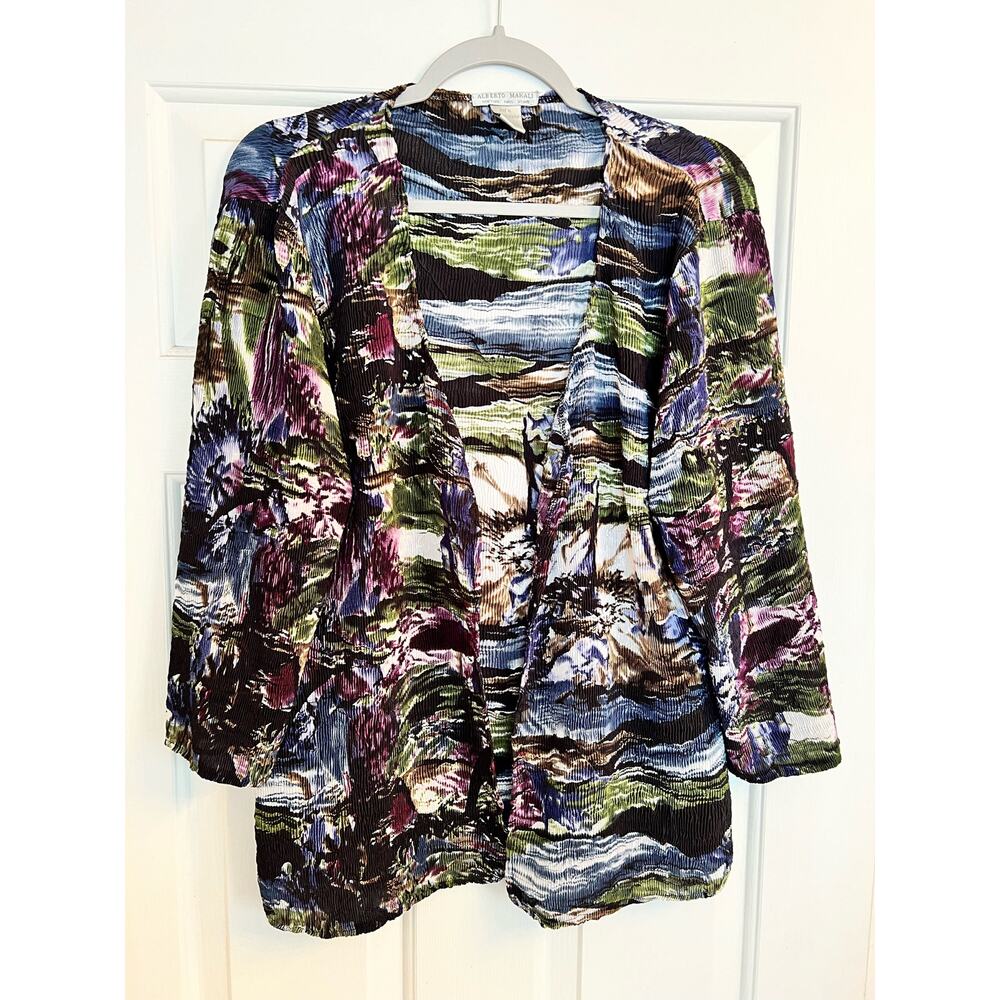 Alberto Makali Cardigan -  Black Blue Abstract- Open Front Ruffle - size XL